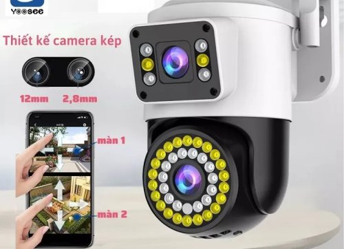 Camera yoosee ngoài trời 2 mắt 5.0 mp, xem 2 màn hình, xoay 360 độ, chống nước cực bền, ban đêm có màu